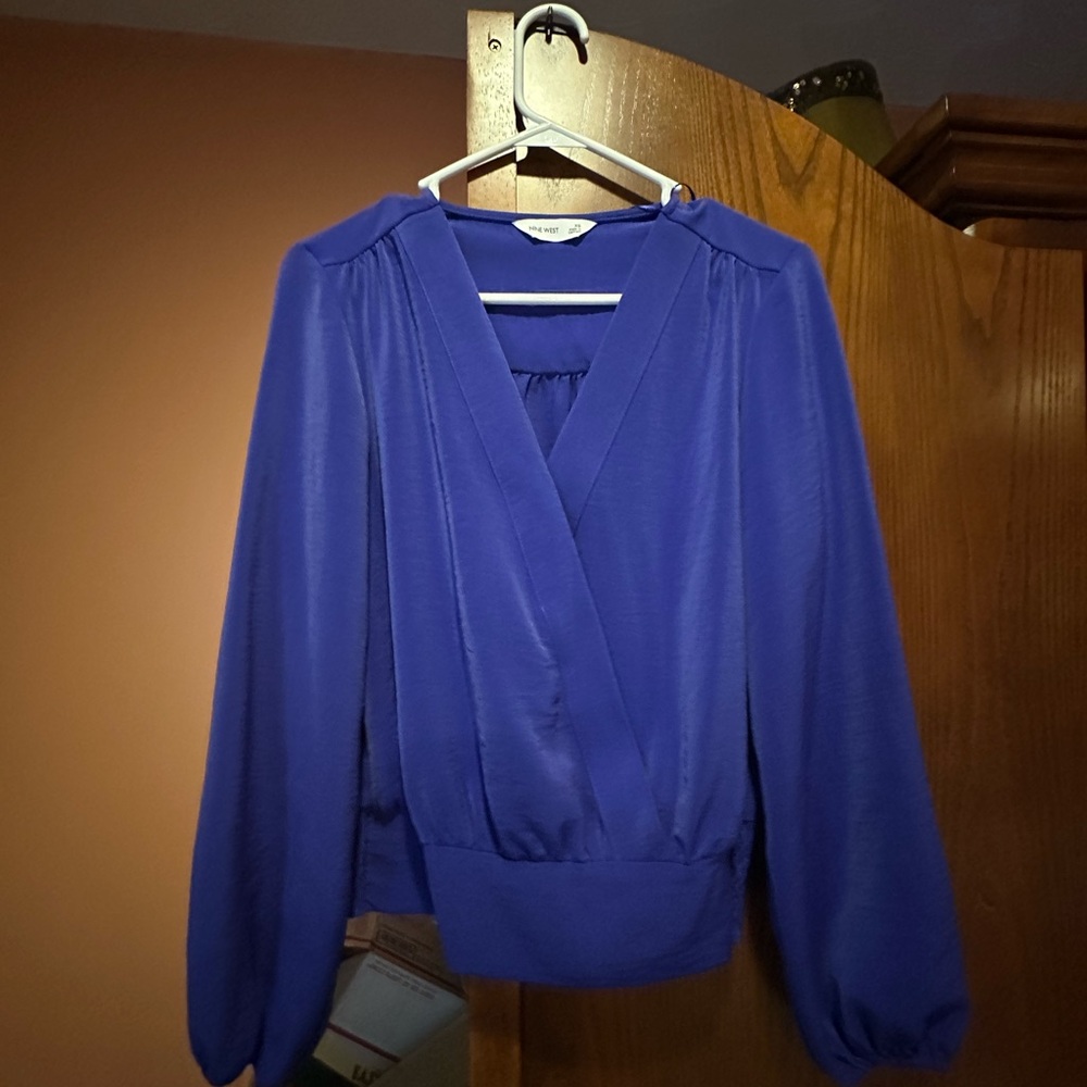 Nine West Blue Wrap Blouse with Long Sleeves